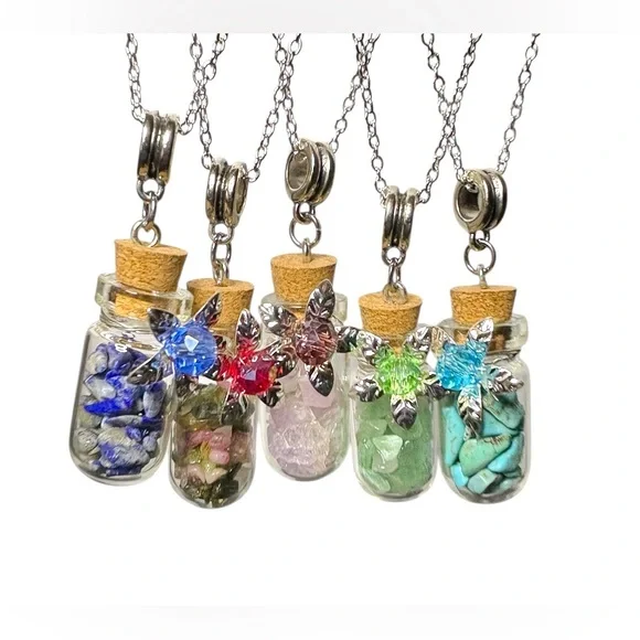 Wishing Bottle with Gemstone Chips and Crystal Center Flower on 925 Chain - Picture 3 of 14